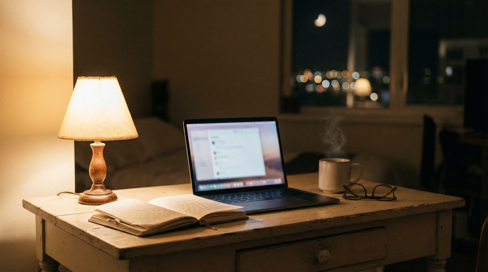 夜のデスクにノートパソコンとコーヒーカップが置かれた穏やかな風景