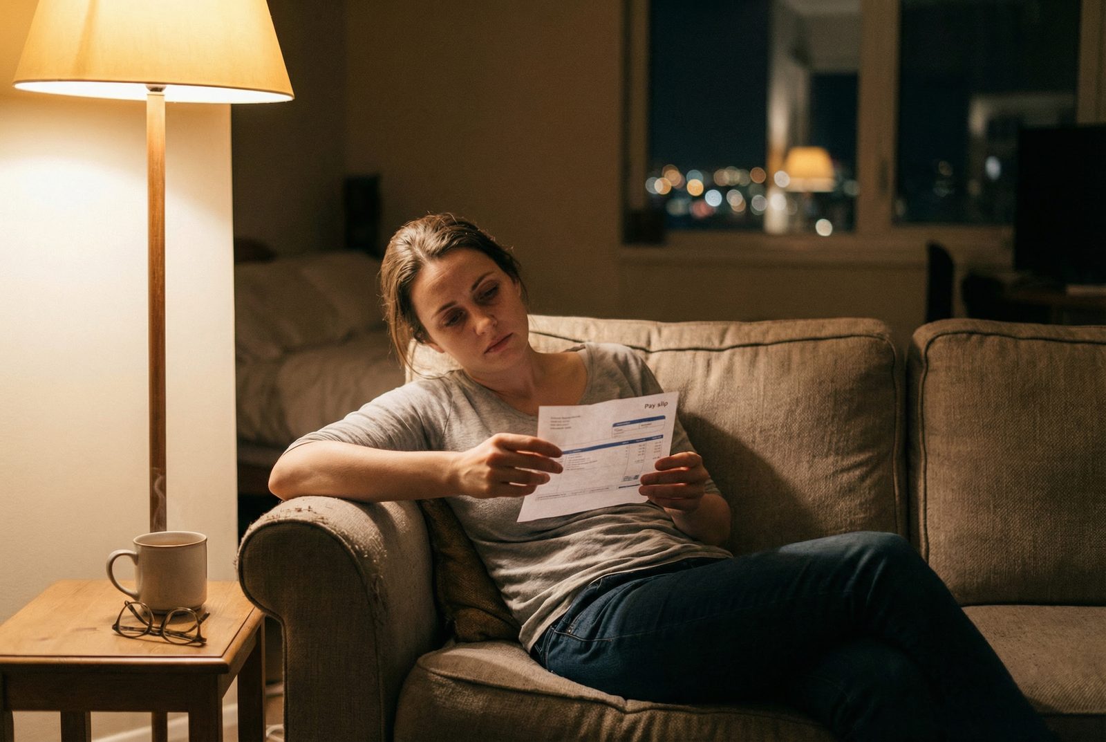 薄暗い部屋のソファに座り給与明細を見つめながら物思いにふける人