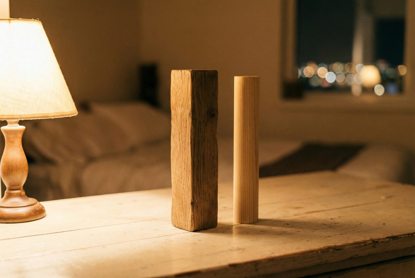 太い木の柱と細い木の柱が並んで立っているミニマルな構図