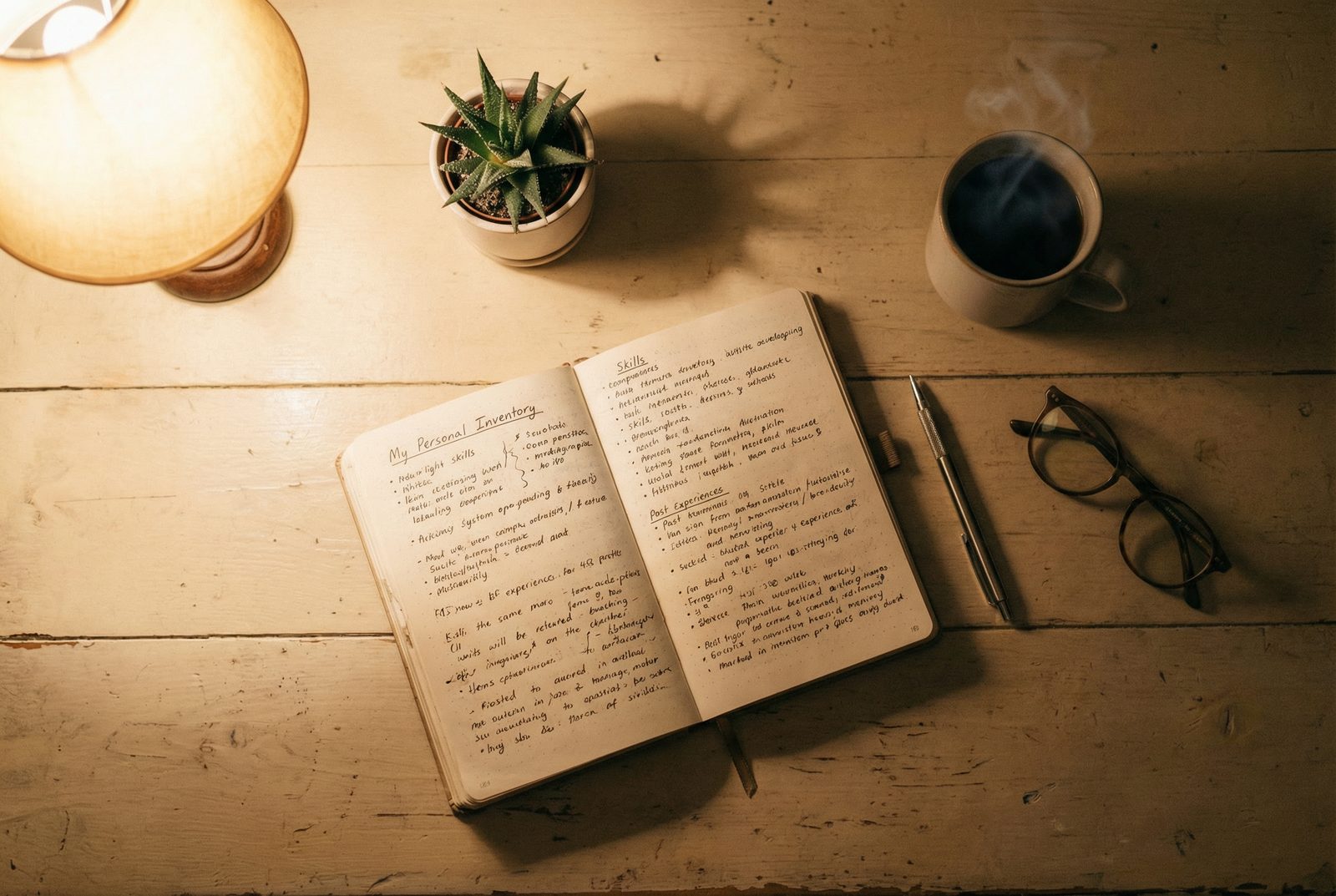 デスクの上に開かれたノートとペン、小さな観葉植物。箇条書きのメモが書かれている