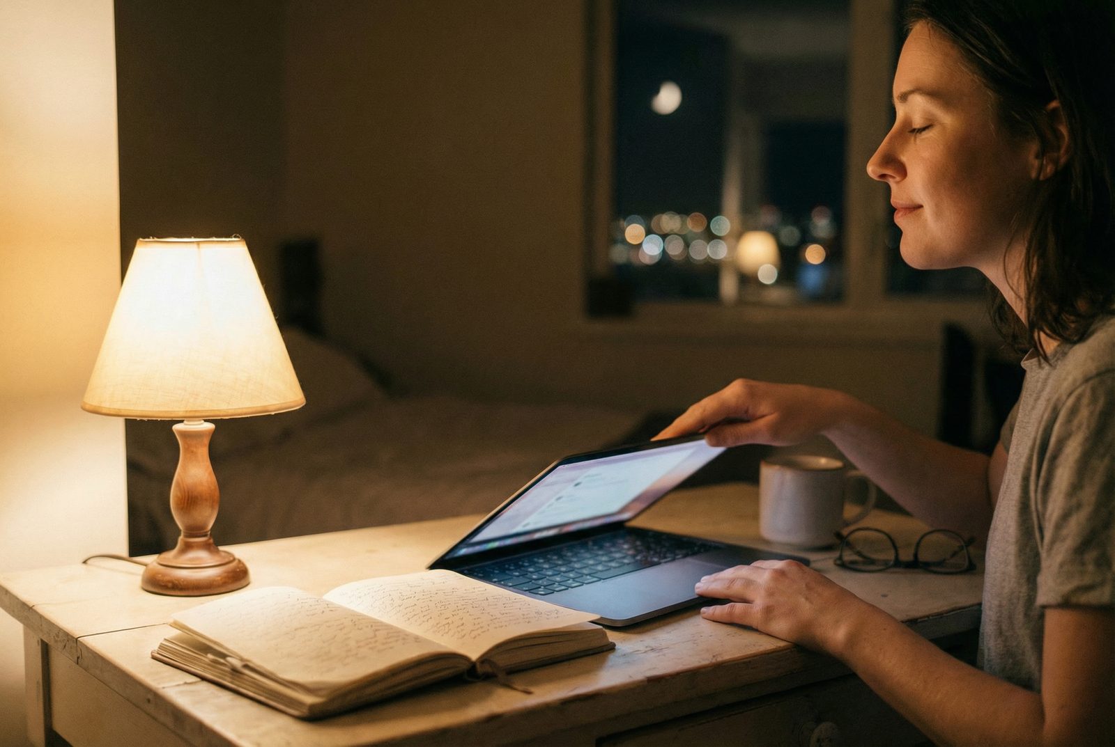 夜のデスクで安心した表情でノートパソコンを静かに閉じようとしている姿