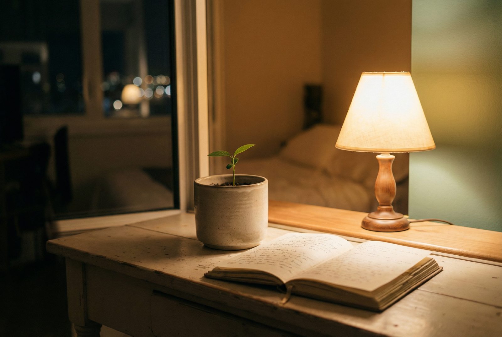 窓辺に置かれた小さな鉢植えの若葉とノート。静かで希望を感じさせる構図