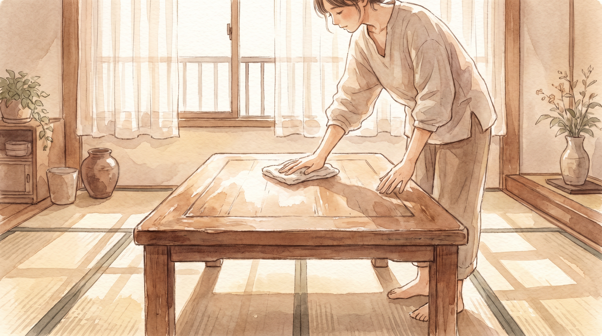 木のテーブルを拭く穏やかな午後の情景