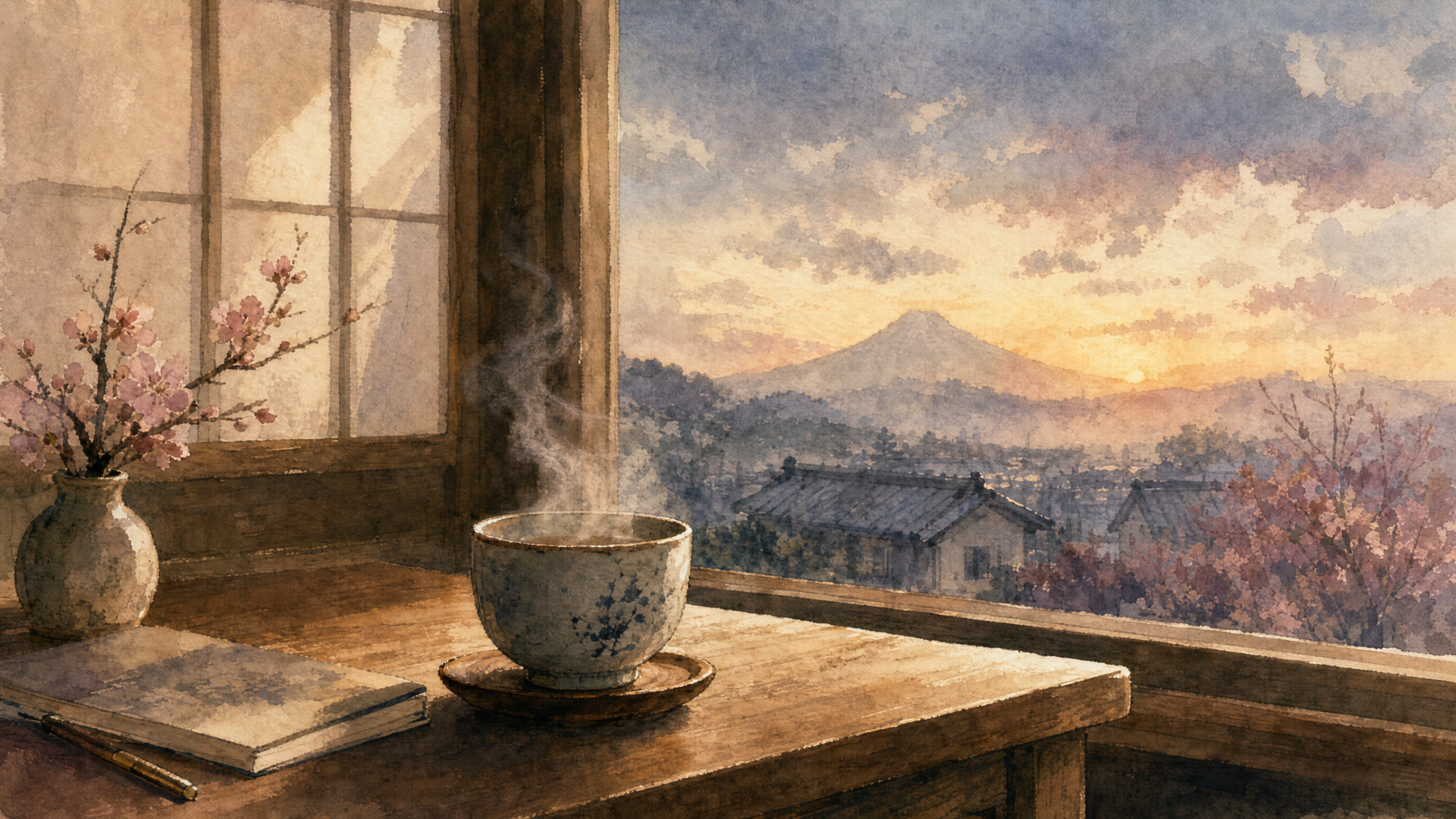 夜明け前の静かな朝、窓辺のお茶と夜明けの空の水彩画