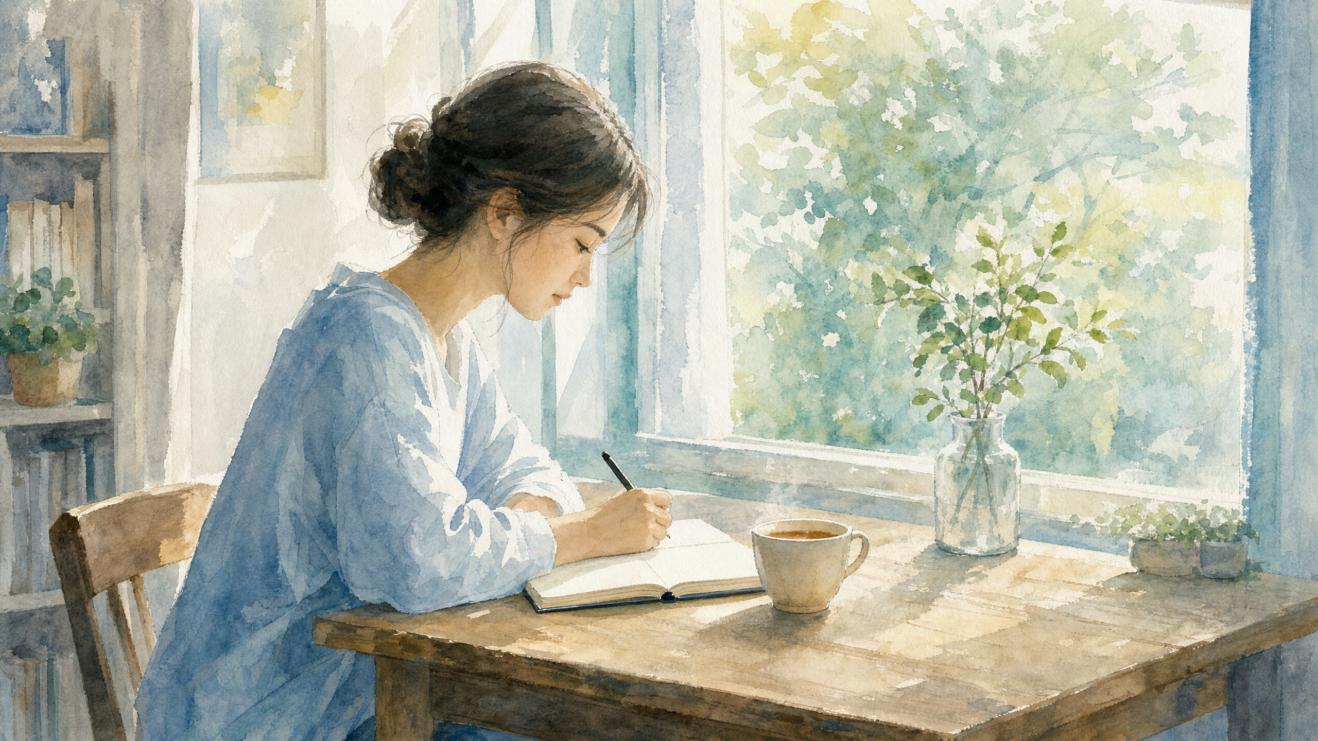 窓辺でノートに書き込む人物の水彩画風イラスト
