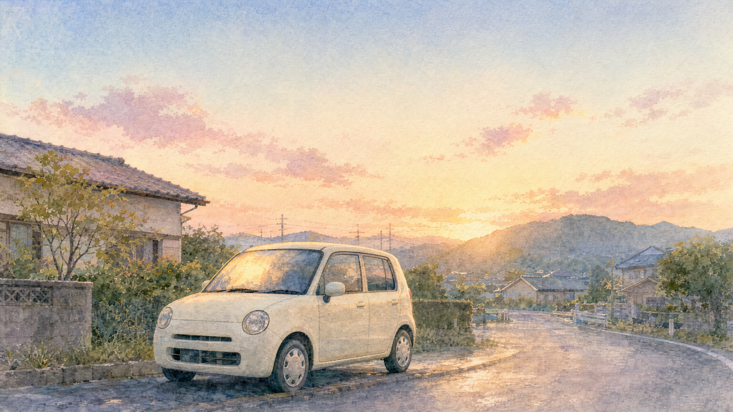 福岡県郊外の朝焼けに照らされる小さな白い車の水彩画