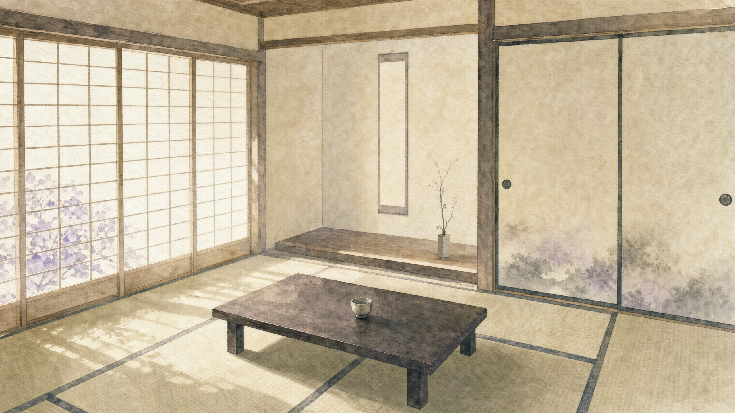 障子と襖がある和室の余白を描いた水彩画