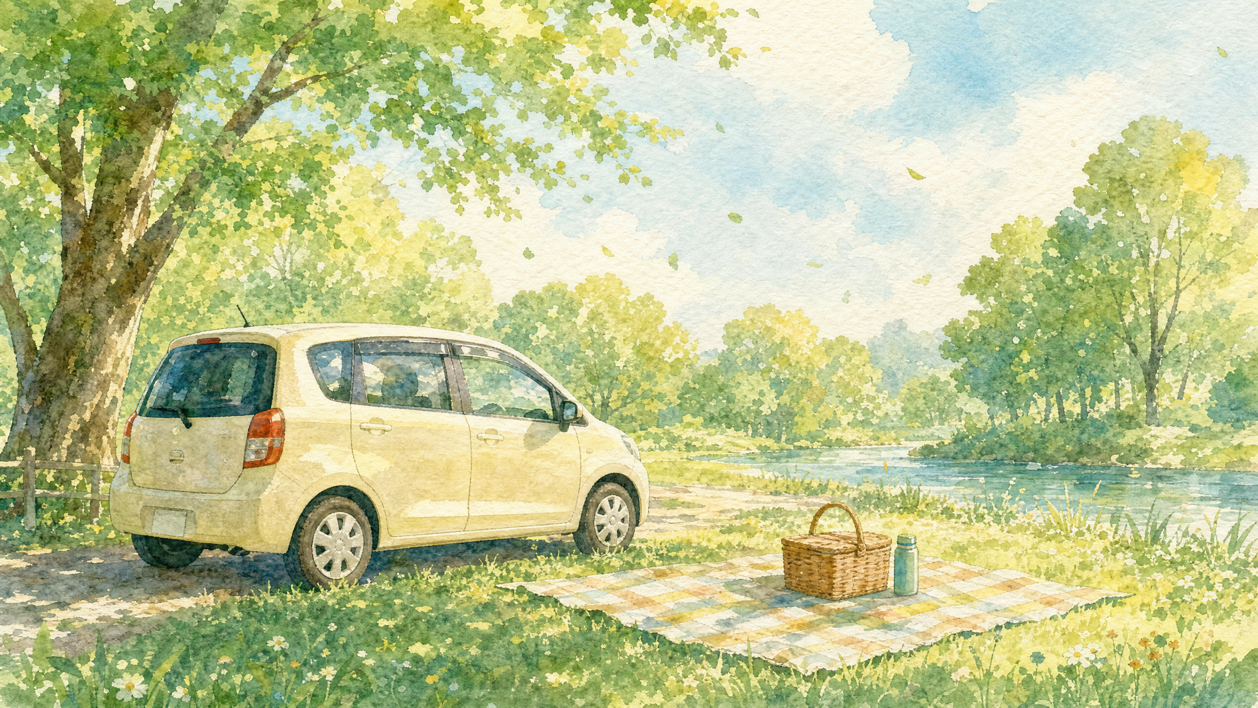 緑豊かな公園に停められた車とピクニックブランケットの水彩画