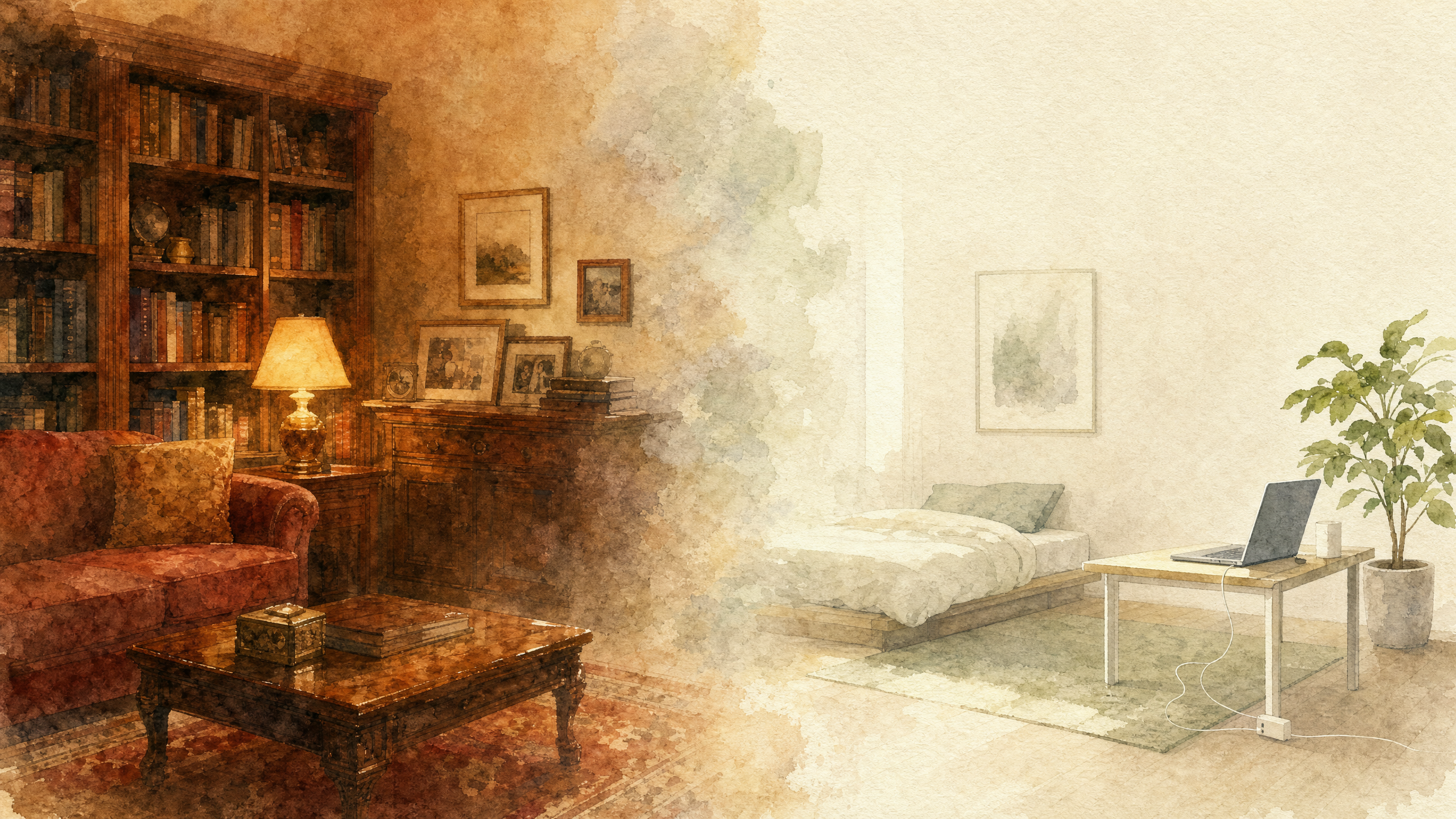 世代ごとの部屋の違いを描いた水彩画