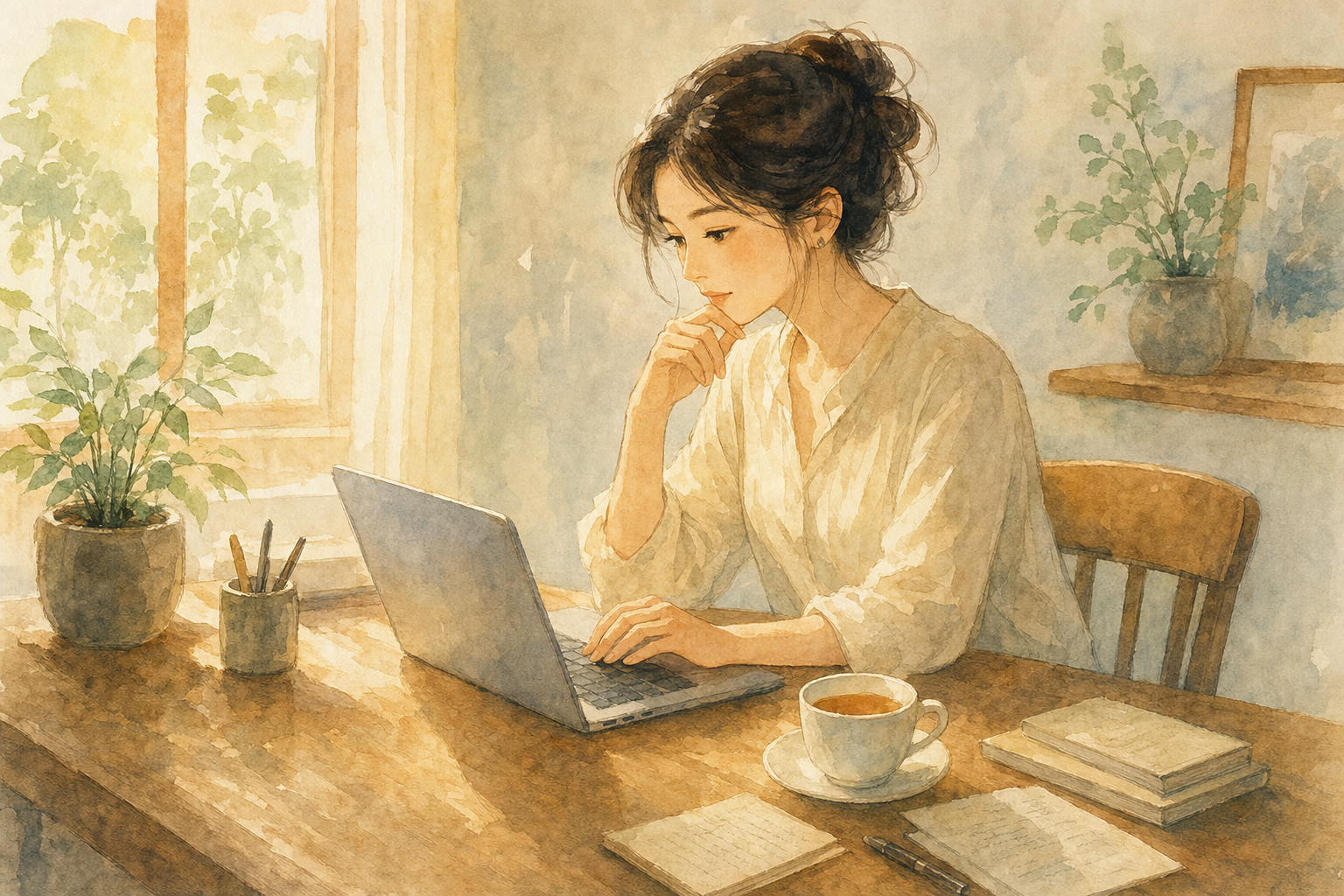 木製のデスクでノートパソコンに向かい、丁寧にメールを書く人のイラスト(水彩画風)