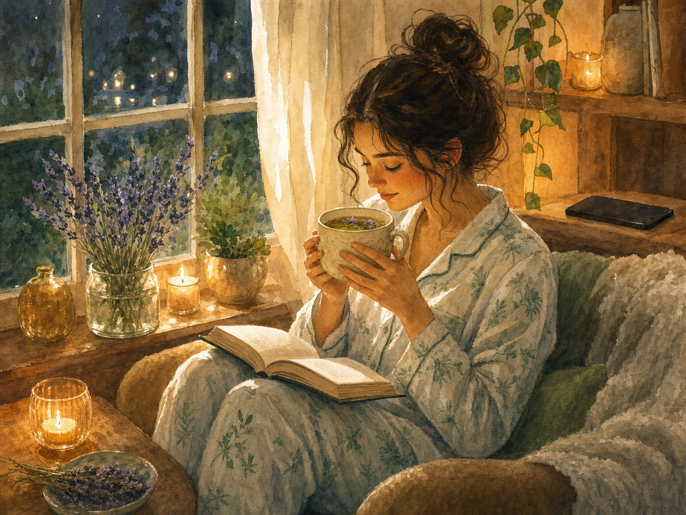 就寝前にハーブティーを飲みながら本を読む水彩画風イラスト