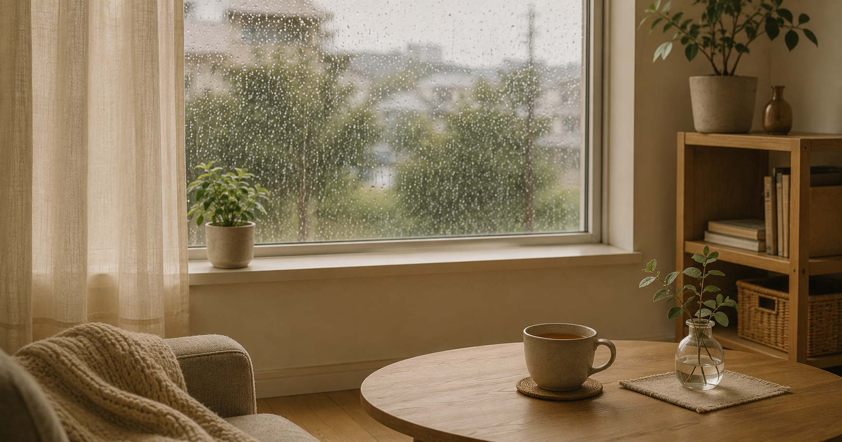 雨の窓辺と、夏支度を始める静かな室内