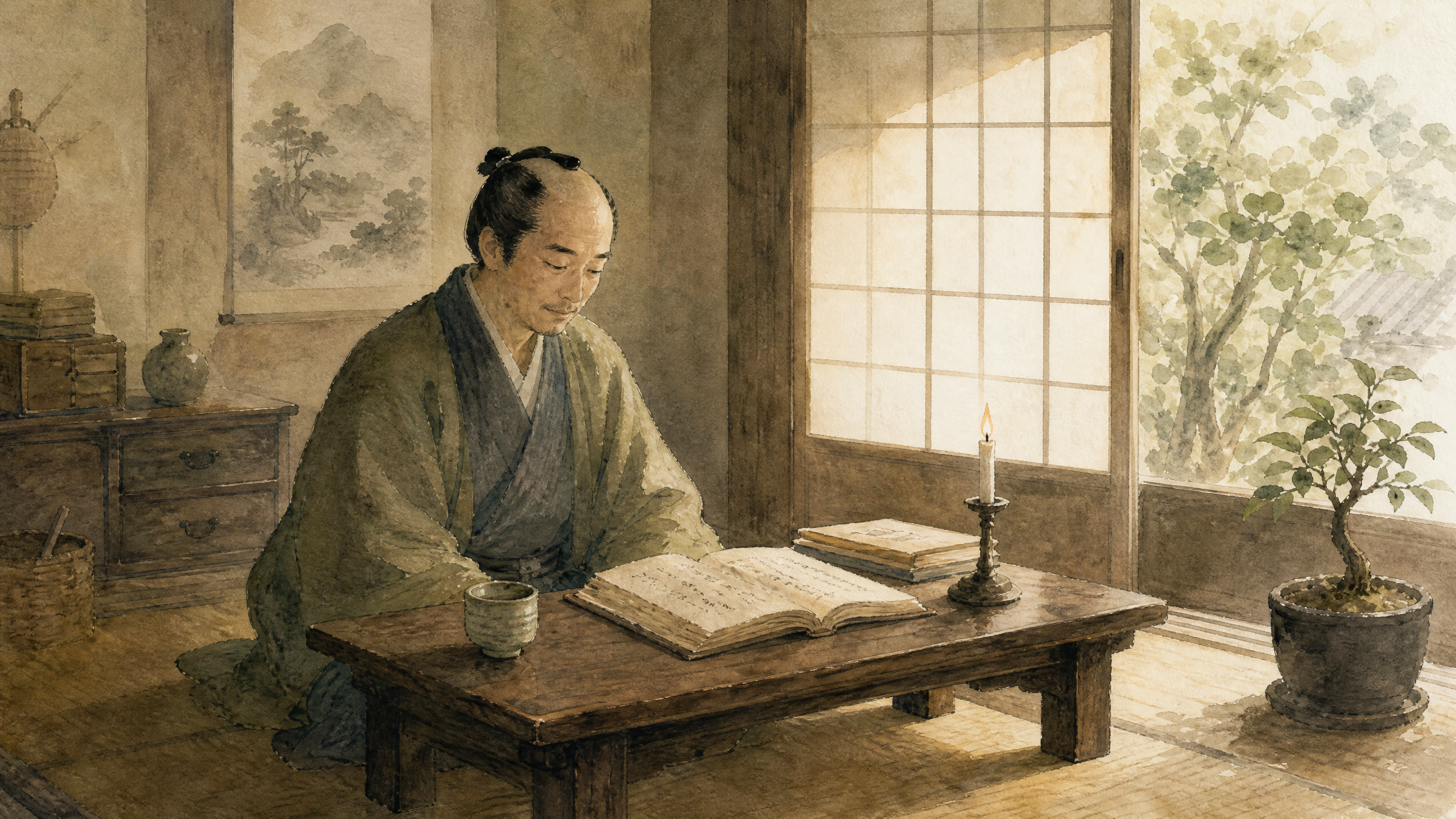 石田梅岩の書斎 - 倹約と学びの水彩画イラスト