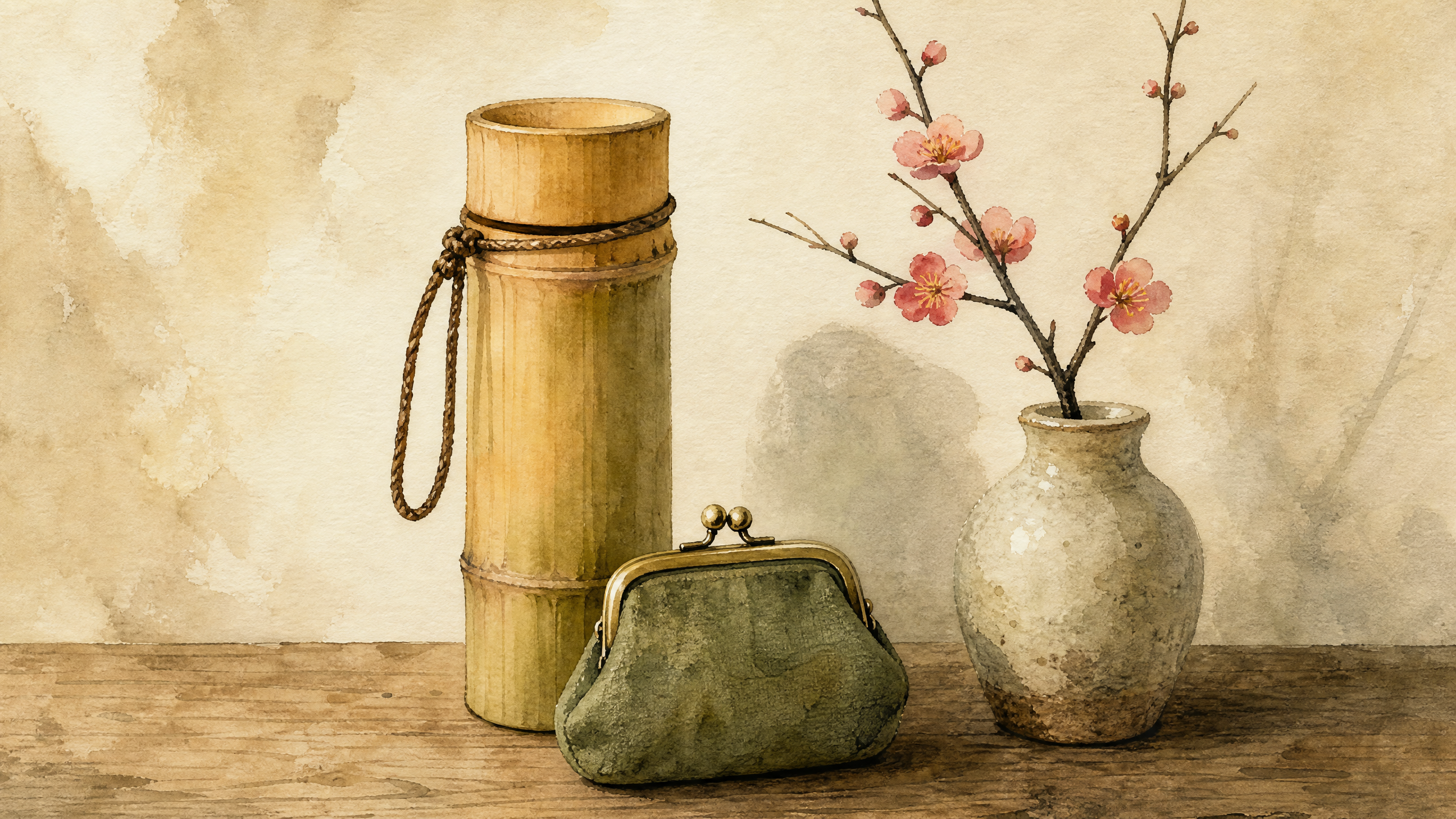 竹の水筒とがま口財布 - 倹約の象徴 水彩画イラスト