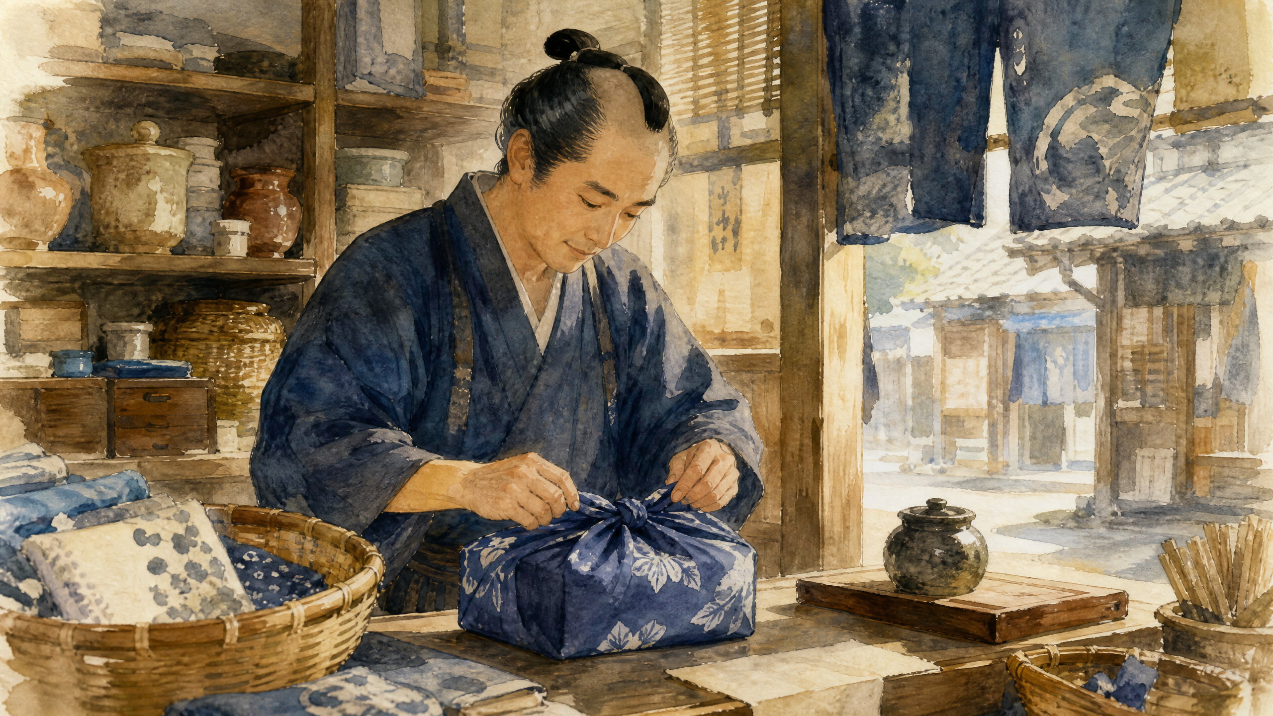 風呂敷で品物を包む江戸時代の商人 - 正直な商い 水彩画イラスト